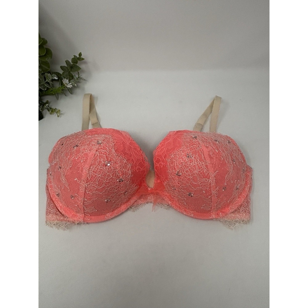 Victoria's Secret Dream Angels Push Up Bra 36D Pink Lace Rhinestone